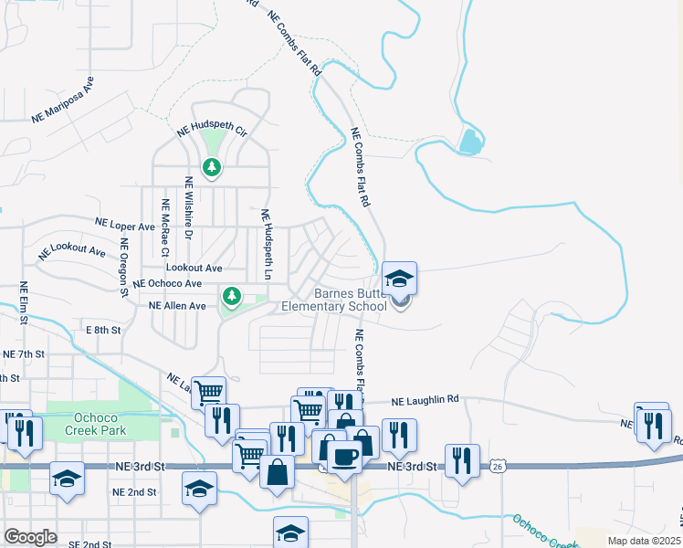 map of restaurants, bars, coffee shops, grocery stores, and more near 1536 Northeast Hudspeth Road in Prineville