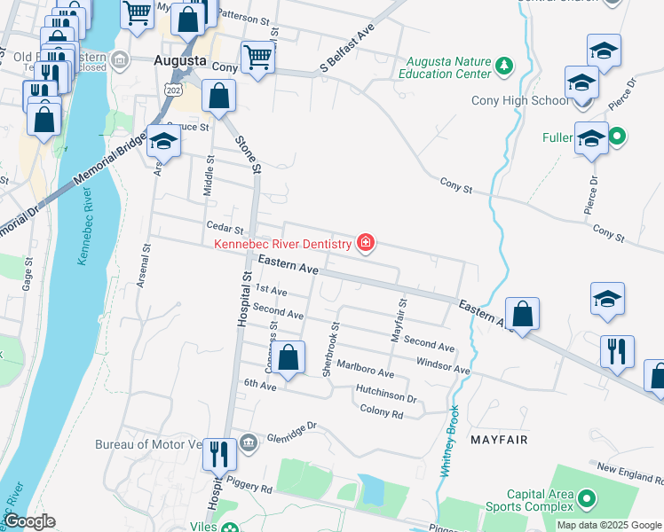 map of restaurants, bars, coffee shops, grocery stores, and more near 35 Davenport Street in Augusta