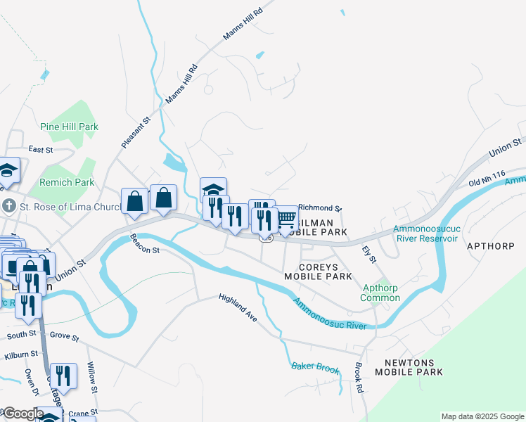 map of restaurants, bars, coffee shops, grocery stores, and more near 57 Hill Street in Littleton