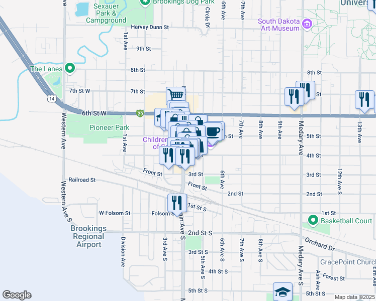 map of restaurants, bars, coffee shops, grocery stores, and more near 420 Main Avenue in Brookings
