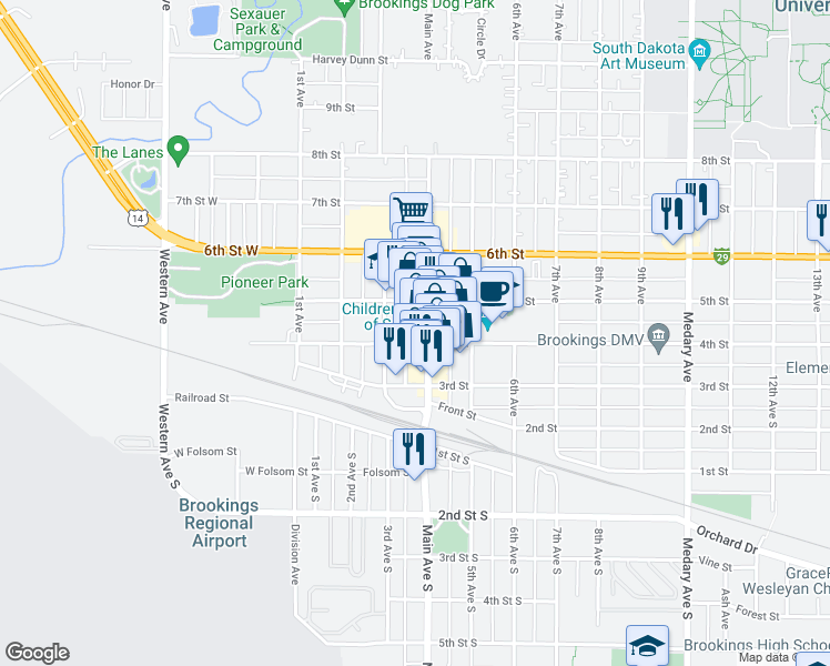 map of restaurants, bars, coffee shops, grocery stores, and more near 312 5th Street in Brookings