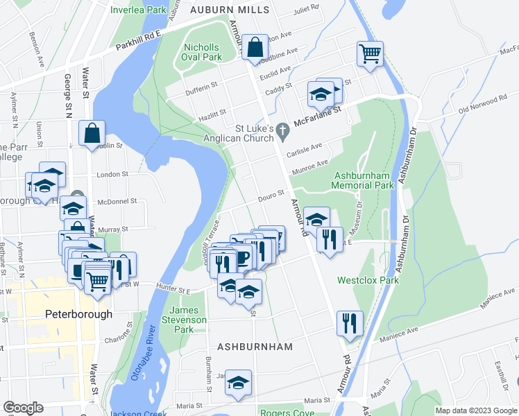 map of restaurants, bars, coffee shops, grocery stores, and more near 491 Rogers Street in Peterborough