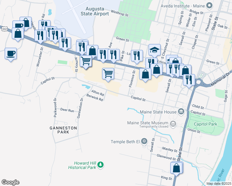 map of restaurants, bars, coffee shops, grocery stores, and more near Capitol Street in Augusta