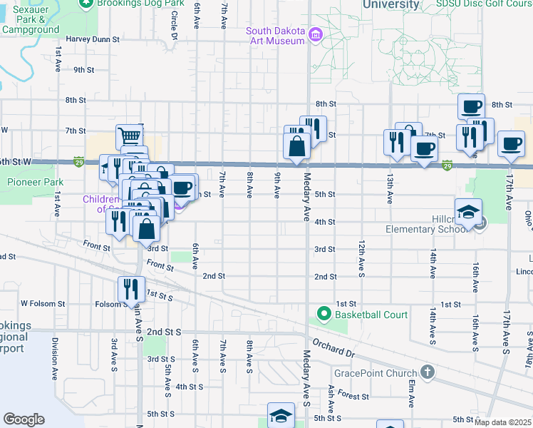 map of restaurants, bars, coffee shops, grocery stores, and more near in Brookings