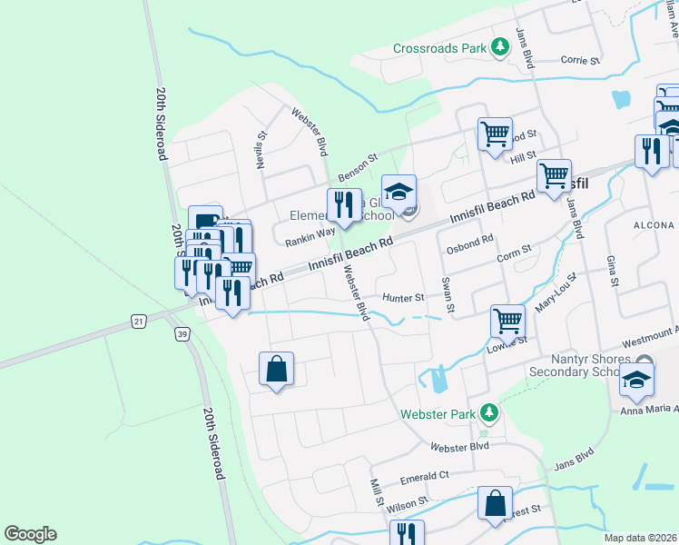 map of restaurants, bars, coffee shops, grocery stores, and more near 2094 Webster Boulevard in Innisfil