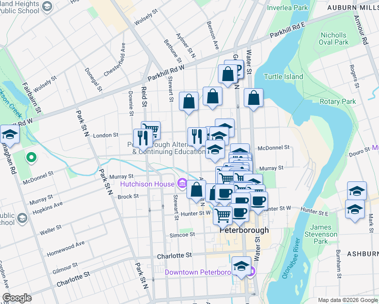 map of restaurants, bars, coffee shops, grocery stores, and more near 256 McDonnel Street in Peterborough