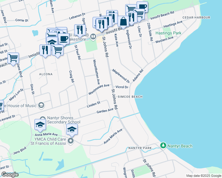map of restaurants, bars, coffee shops, grocery stores, and more near 1983 Saint Johns Road in Innisfil