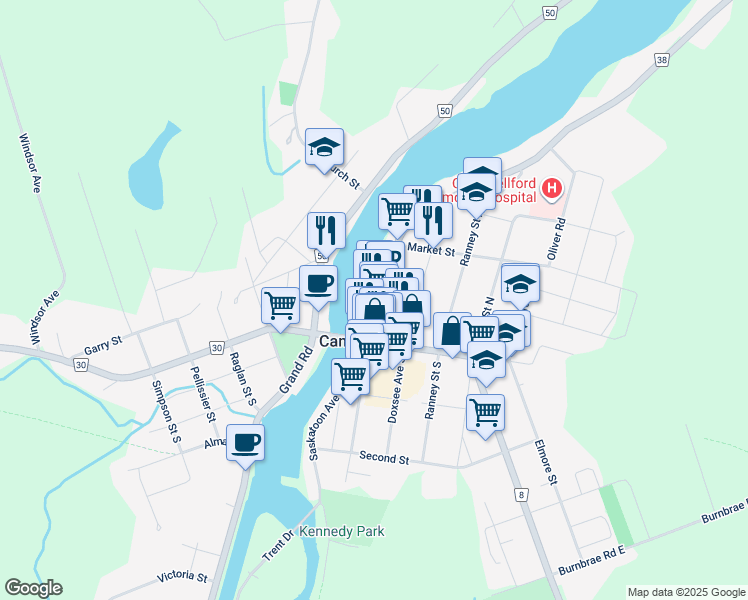 map of restaurants, bars, coffee shops, grocery stores, and more near 44 Front Street North in Campbellford