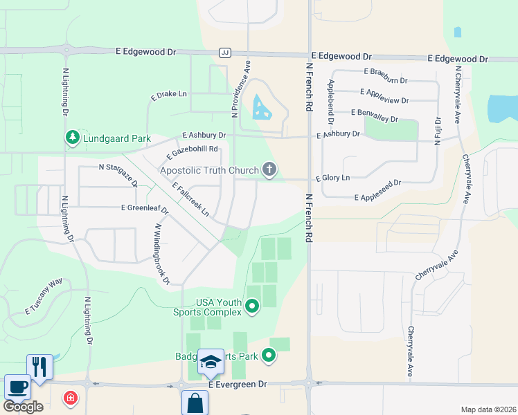map of restaurants, bars, coffee shops, grocery stores, and more near 4734 North Fallview Lane in Appleton