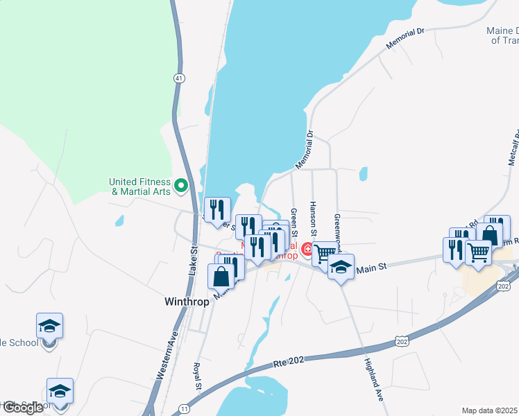 map of restaurants, bars, coffee shops, grocery stores, and more near Bowdoin Street in Winthrop