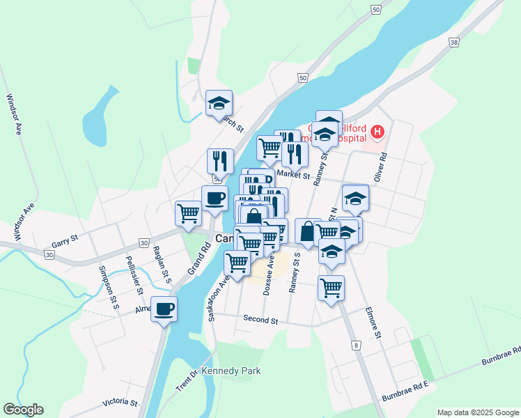 map of restaurants, bars, coffee shops, grocery stores, and more near 60 Front Street North in Campbellford