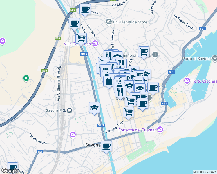 map of restaurants, bars, coffee shops, grocery stores, and more near 4 Via IV Novembre in Savona