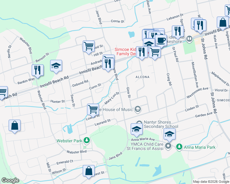 map of restaurants, bars, coffee shops, grocery stores, and more near 1176 Mary-Lou Street in Innisfil