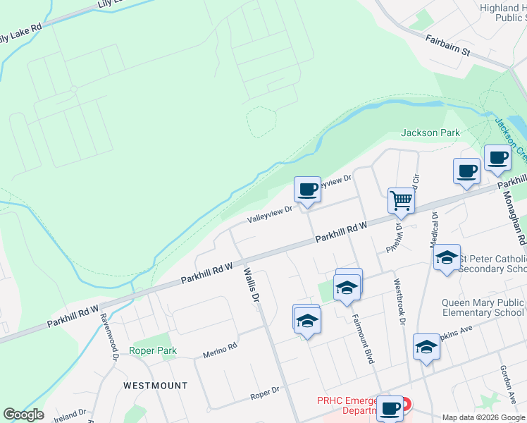 map of restaurants, bars, coffee shops, grocery stores, and more near 916 Valleyview Drive in Peterborough