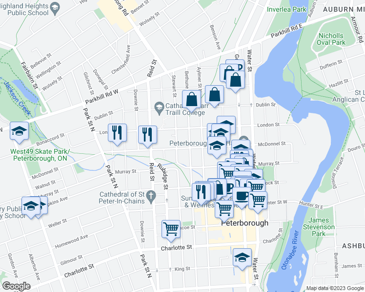 map of restaurants, bars, coffee shops, grocery stores, and more near 276 McDonnel Street in Peterborough