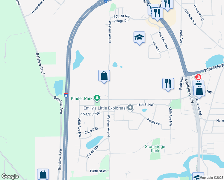 map of restaurants, bars, coffee shops, grocery stores, and more near 1810 Western Avenue Northwest in Faribault