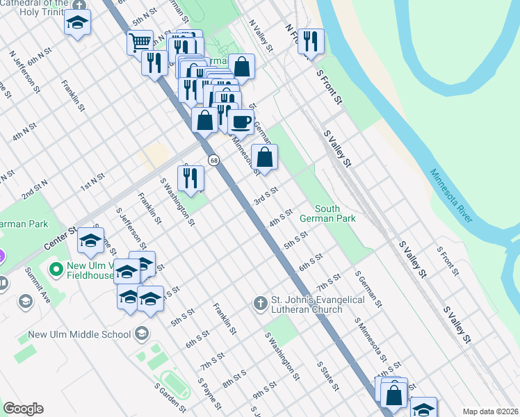 map of restaurants, bars, coffee shops, grocery stores, and more near 512 3rd Street South in New Ulm
