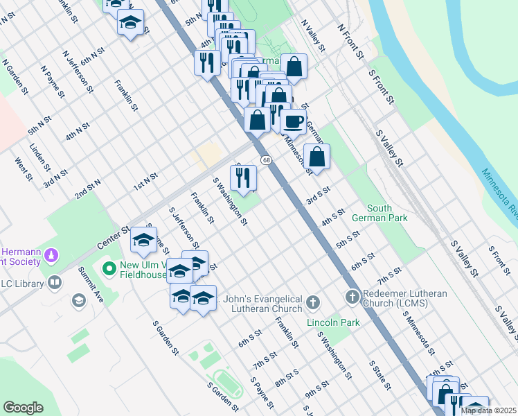 map of restaurants, bars, coffee shops, grocery stores, and more near 125 South State Street in New Ulm
