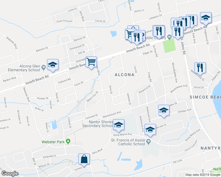 map of restaurants, bars, coffee shops, grocery stores, and more near Gina Street in Innisfil