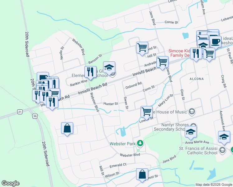 map of restaurants, bars, coffee shops, grocery stores, and more near 2180 Dawson Crescent in Innisfil