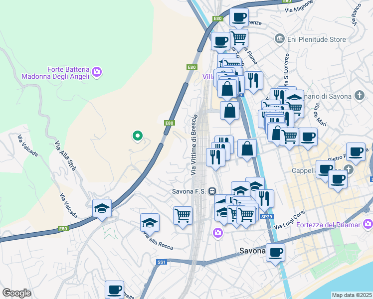 map of restaurants, bars, coffee shops, grocery stores, and more near 13 Via Prudente Giuseppe in Savona