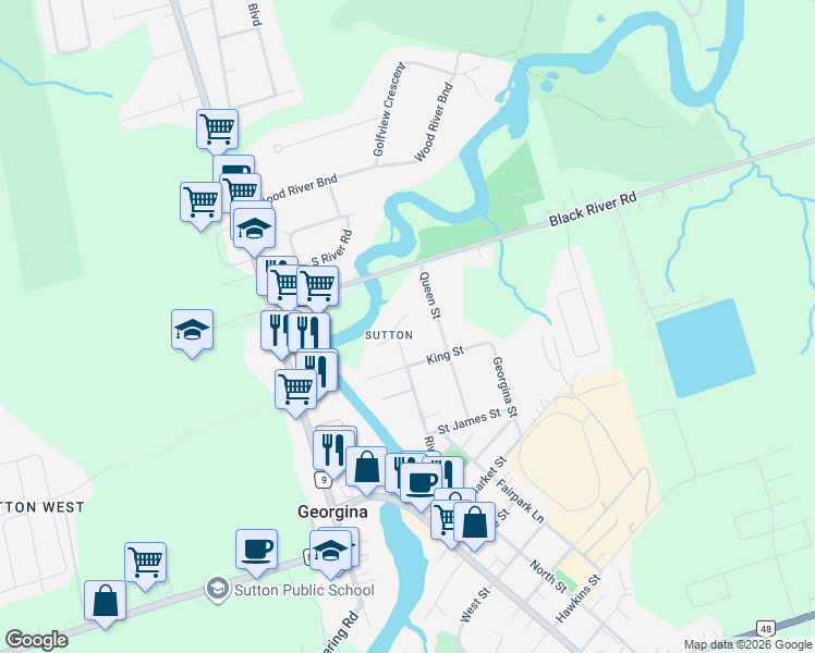 map of restaurants, bars, coffee shops, grocery stores, and more near 89 River Street in Georgina