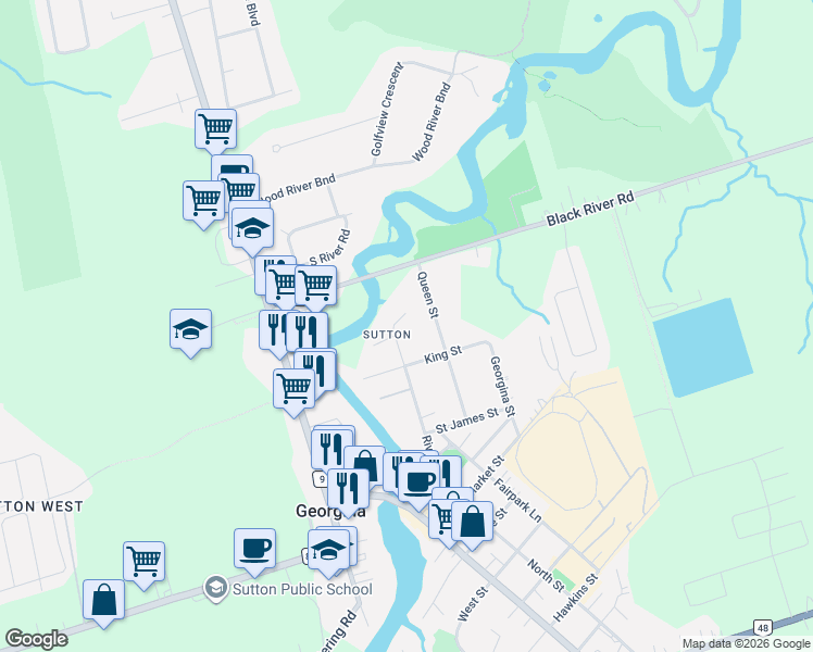 map of restaurants, bars, coffee shops, grocery stores, and more near 89 River Street in Georgina