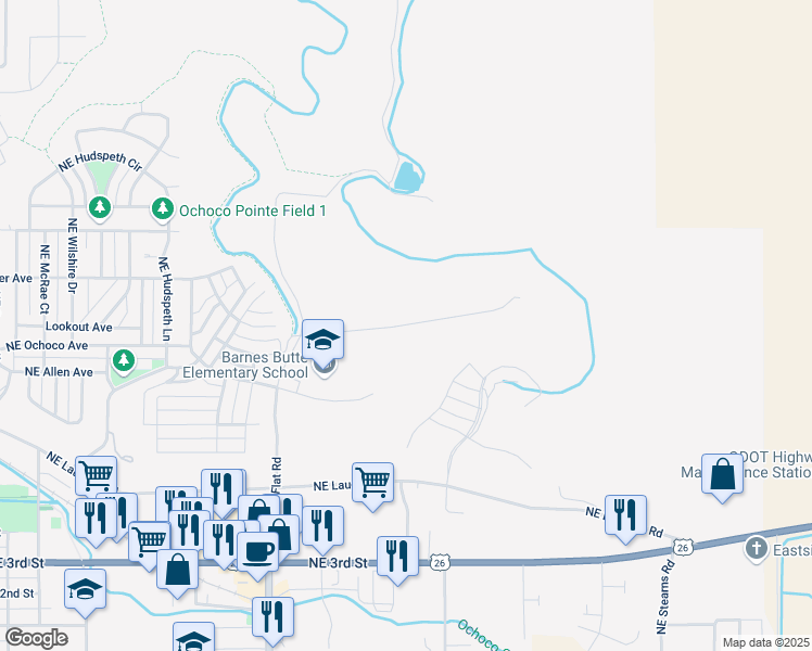 map of restaurants, bars, coffee shops, grocery stores, and more near Ochoco Avenue in Prineville