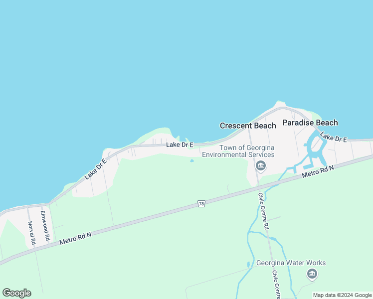 map of restaurants, bars, coffee shops, grocery stores, and more near 165 Lake Drive East in Georgina