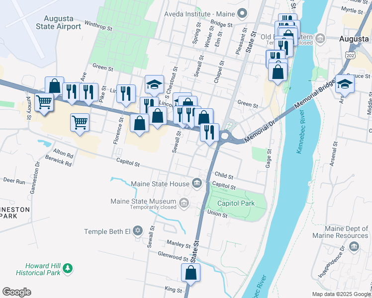 map of restaurants, bars, coffee shops, grocery stores, and more near 3 Wade Street in Augusta