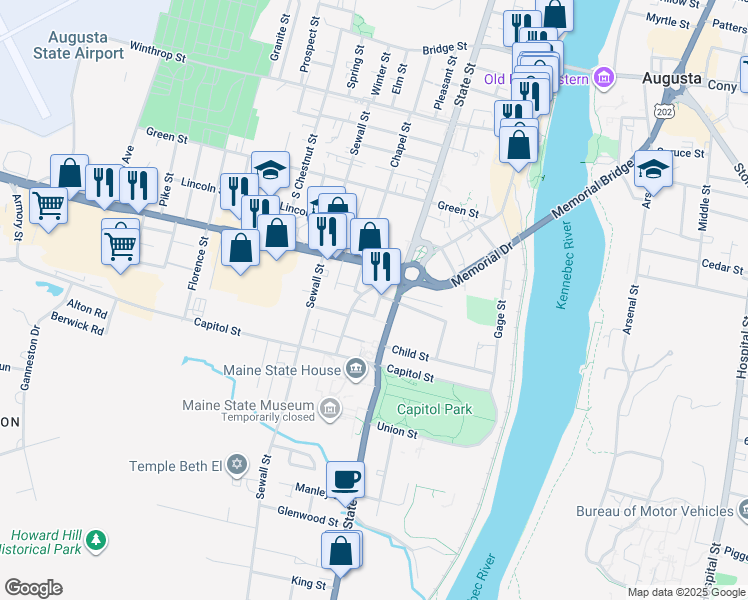 map of restaurants, bars, coffee shops, grocery stores, and more near 17 Grove Street in Augusta