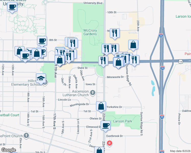 map of restaurants, bars, coffee shops, grocery stores, and more near 500-520 21st Ave in Brookings