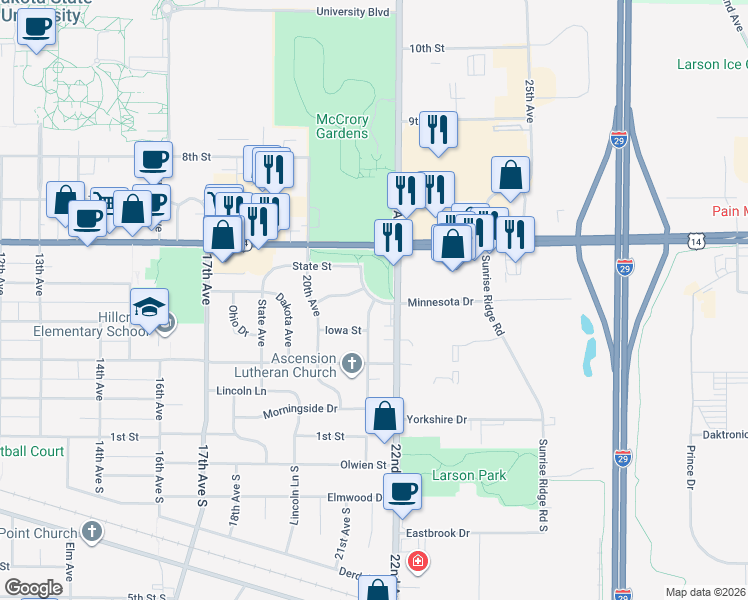 map of restaurants, bars, coffee shops, grocery stores, and more near 500 21st Avenue in Brookings