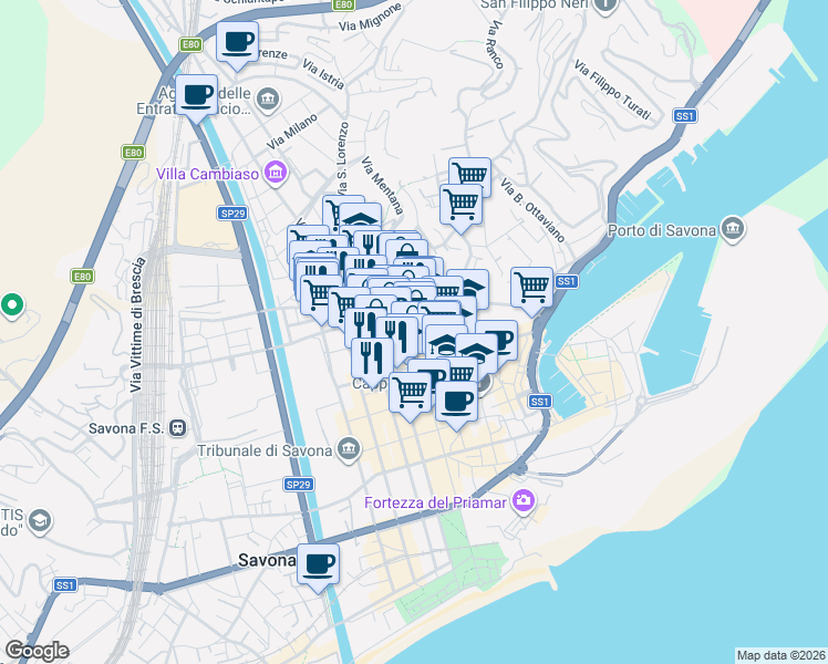 map of restaurants, bars, coffee shops, grocery stores, and more near 65 Corso Italia in Savona