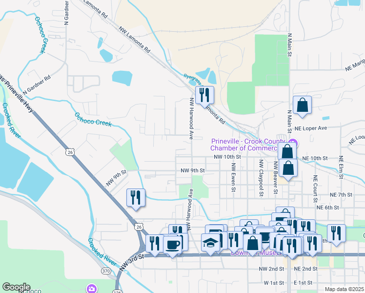 map of restaurants, bars, coffee shops, grocery stores, and more near 1145 Northwest Harwood Avenue in Prineville