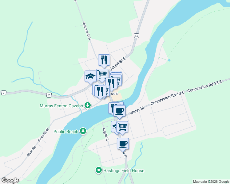 map of restaurants, bars, coffee shops, grocery stores, and more near 14 Front Street East in Northumberland County