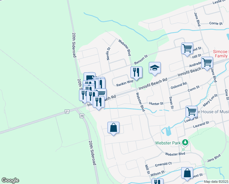 map of restaurants, bars, coffee shops, grocery stores, and more near 2166 Taggart Court in Innisfil