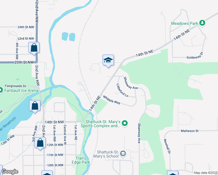 map of restaurants, bars, coffee shops, grocery stores, and more near 1707 14th Street Northeast in Faribault