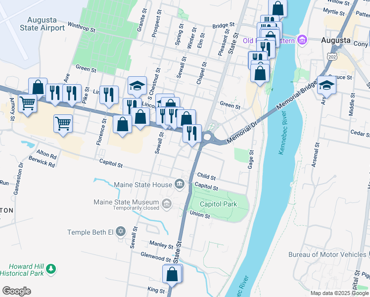 map of restaurants, bars, coffee shops, grocery stores, and more near 17 Grove Street in Augusta
