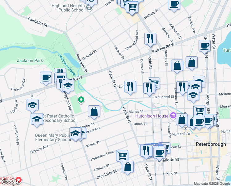 map of restaurants, bars, coffee shops, grocery stores, and more near in Peterborough