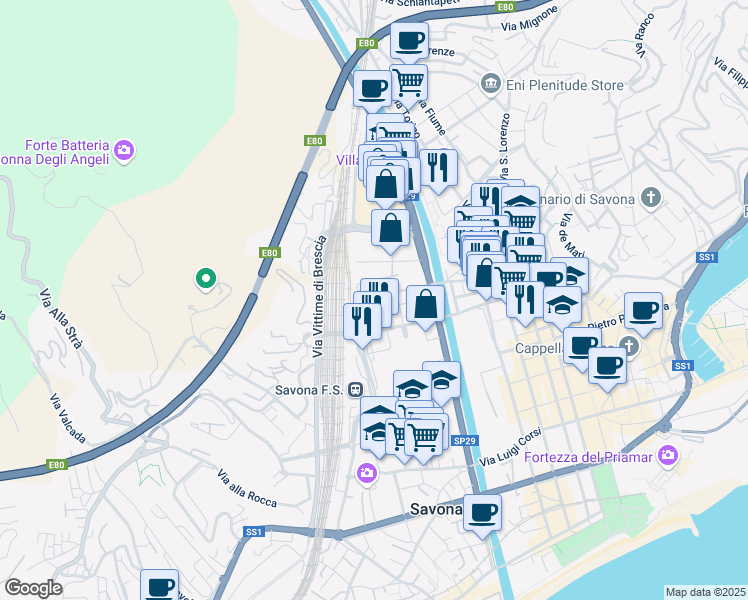 map of restaurants, bars, coffee shops, grocery stores, and more near 49 Via A. Aglietto in Savona