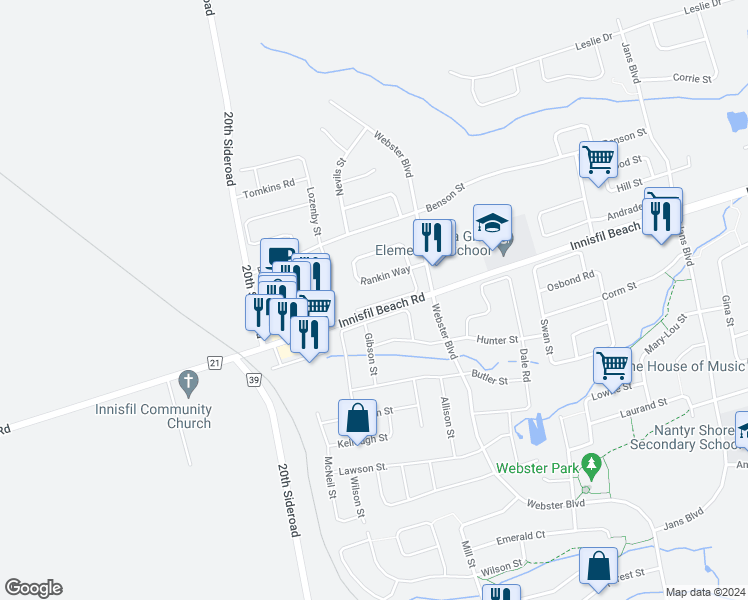 map of restaurants, bars, coffee shops, grocery stores, and more near 2156 Taggart Court in Innisfil