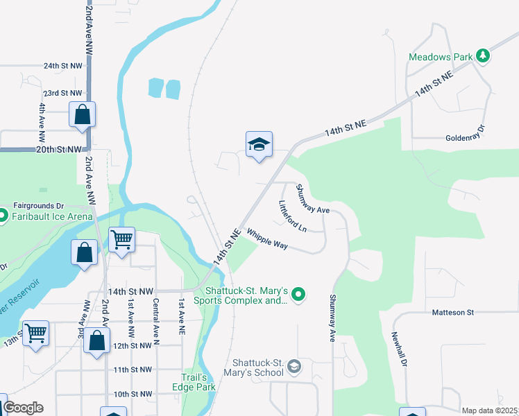 map of restaurants, bars, coffee shops, grocery stores, and more near 1707 14th Street Northeast in Faribault
