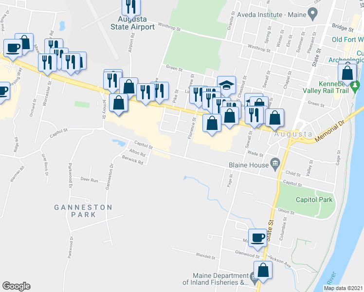 map of restaurants, bars, coffee shops, grocery stores, and more near 151 Capitol Street in Augusta