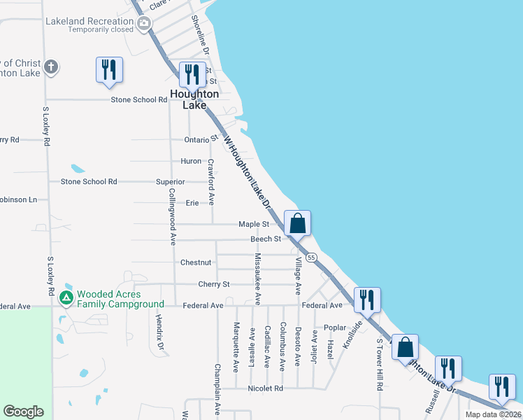 map of restaurants, bars, coffee shops, grocery stores, and more near 6263 West Houghton Lake Drive in Houghton Lake