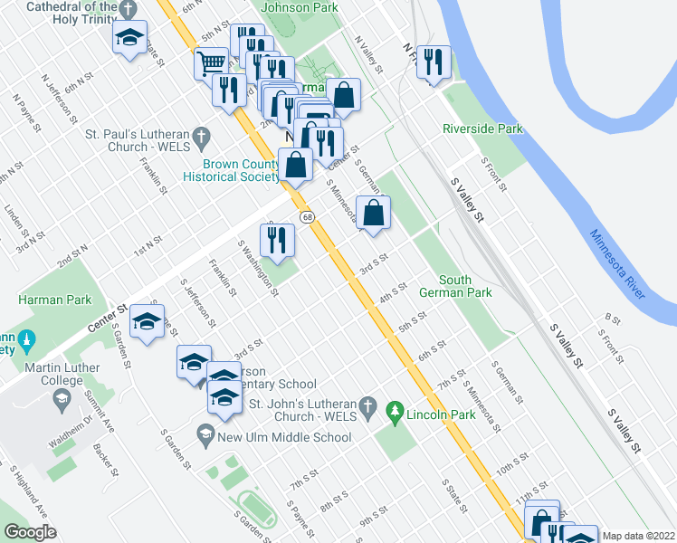 map of restaurants, bars, coffee shops, grocery stores, and more near 216 South Broadway Street in New Ulm