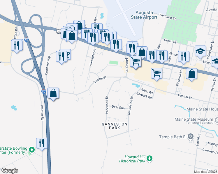 map of restaurants, bars, coffee shops, grocery stores, and more near 24 Parkwood Drive in Augusta