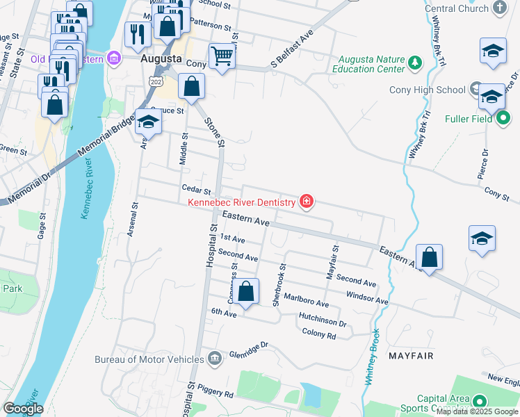 map of restaurants, bars, coffee shops, grocery stores, and more near 24 Davenport Street in Augusta