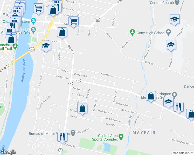 map of restaurants, bars, coffee shops, grocery stores, and more near 35 Davenport Street in Augusta