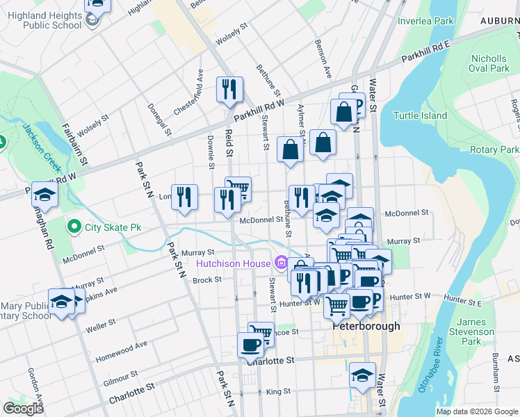 map of restaurants, bars, coffee shops, grocery stores, and more near 293 London Street in Peterborough